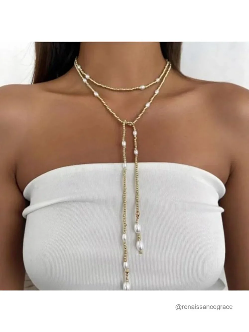 Dainty Long Pearl Lariat Necklace, Y-Shaped Wrap Chain, Layered Turquoise